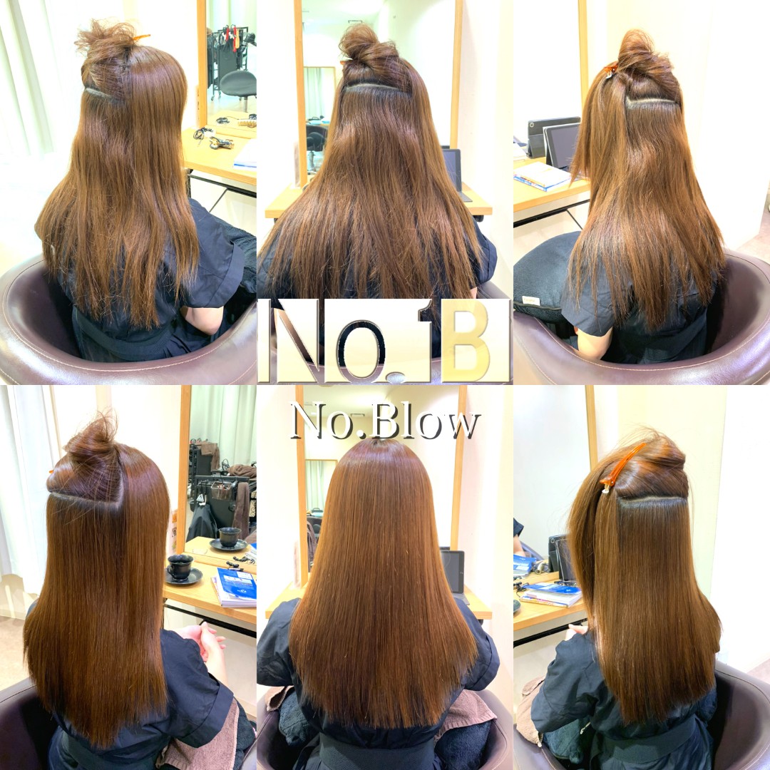 明るいブラウンのロングヘアのうねりや広がりと、酸性縮毛矯正後にストレートに整った髪の比較
