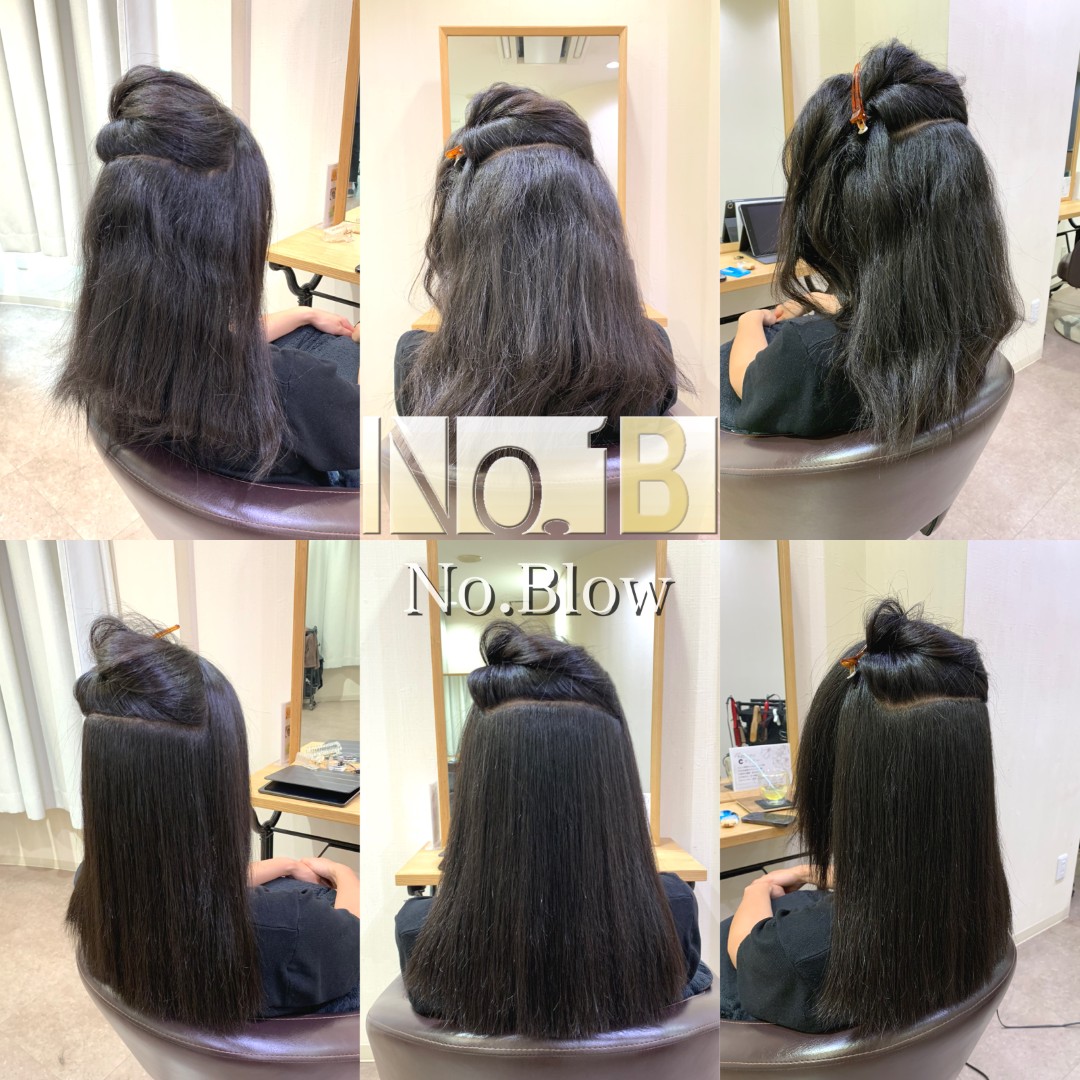 黒髪のうねりや広がりと、ストレートに整った髪を後方・側方から比較